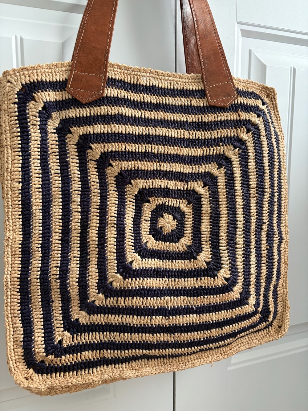 Mar Y Sol Panama Tote Black Tan Raffia Palm Leather Handle Beach Bag - Picture 7 of 15